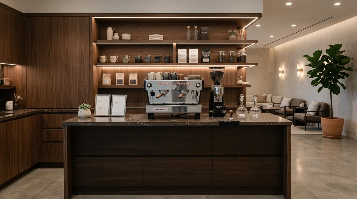 A breakfast nook home coffee bar with open cubbies and a bench nearby, no people