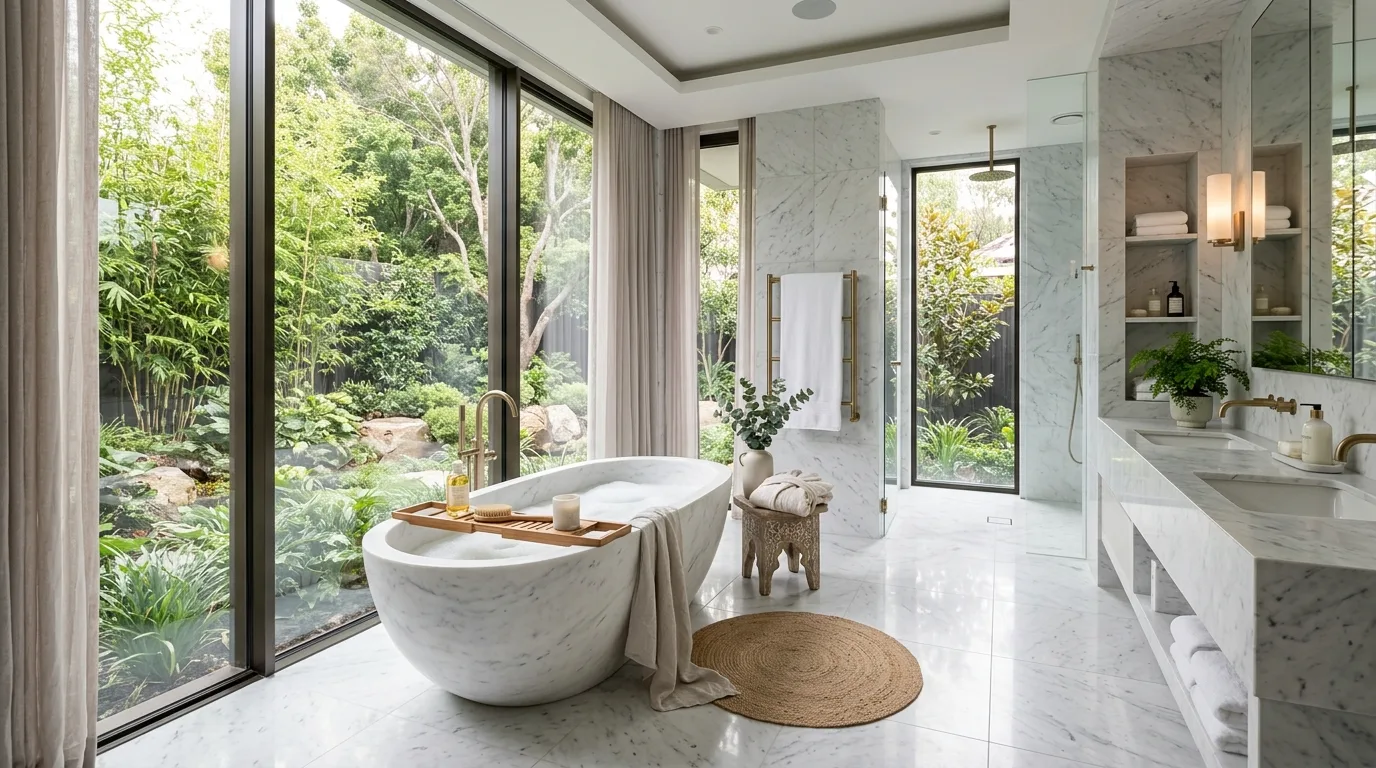 A luxurious bathroom with marble surfaces a freestanding tub and full height drapery, no people