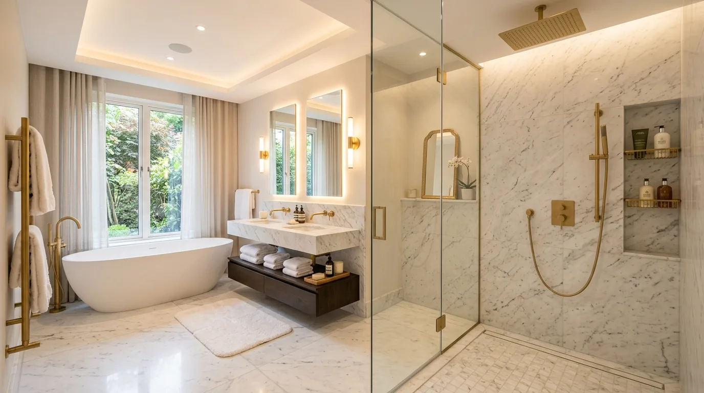 A luxury bathroom with a double vanity warm brass lighting and veined stone tops, no people