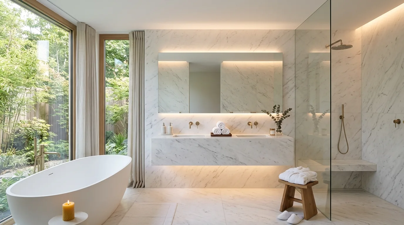 A luxurious bathroom spa shower with a bench niche lighting and seamless glass, no people