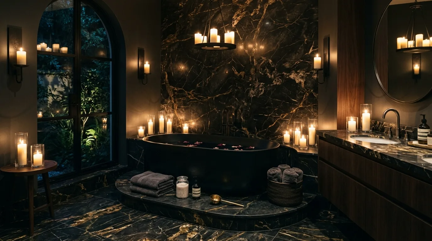 A moody luxurious bathroom with dark cabinetry stone and soft underglow lighting, no people