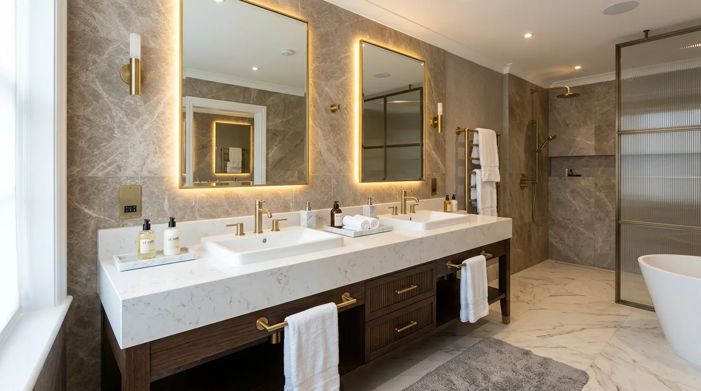 A bright luxury bathroom with an oversized mirror and sculptural pendant lights, no people