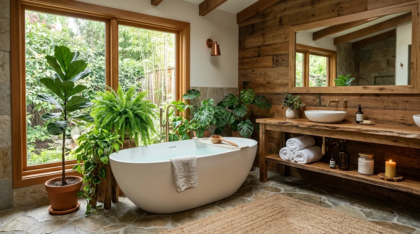 A luxurious wood and stone bathroom with a soaking tub by the window, no people