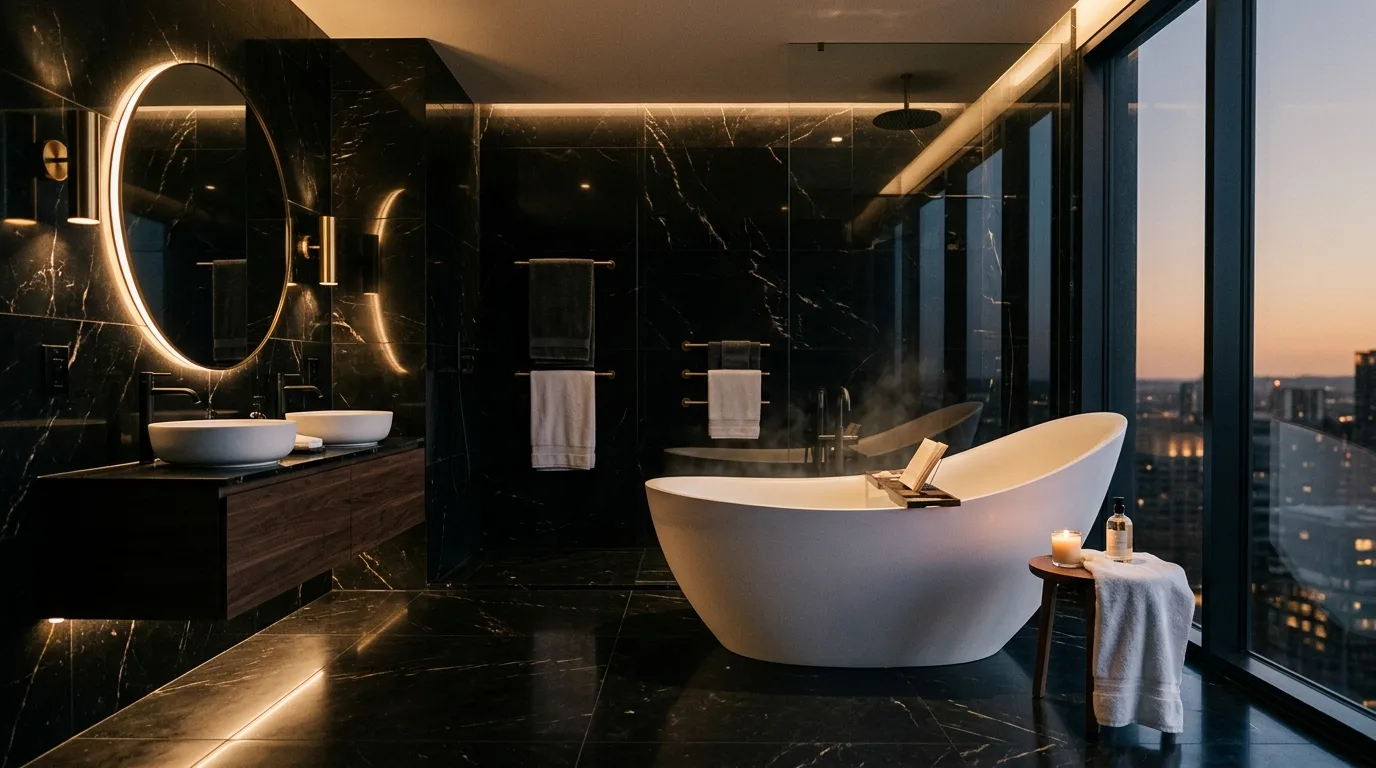 A luxury bathroom vanity zone with a seated makeup niche and layered sconces, no people