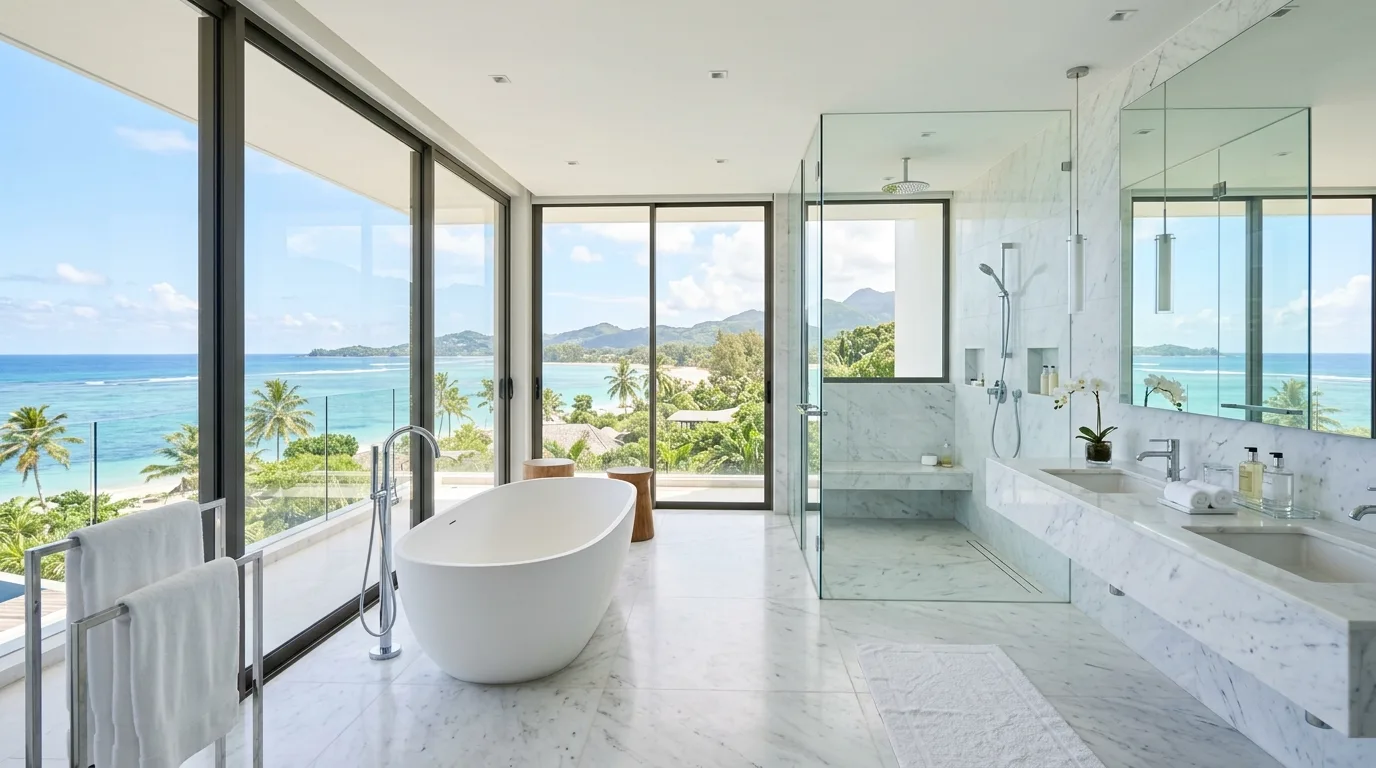A minimalist luxurious bathroom with limestone tones and hidden storage walls, no people