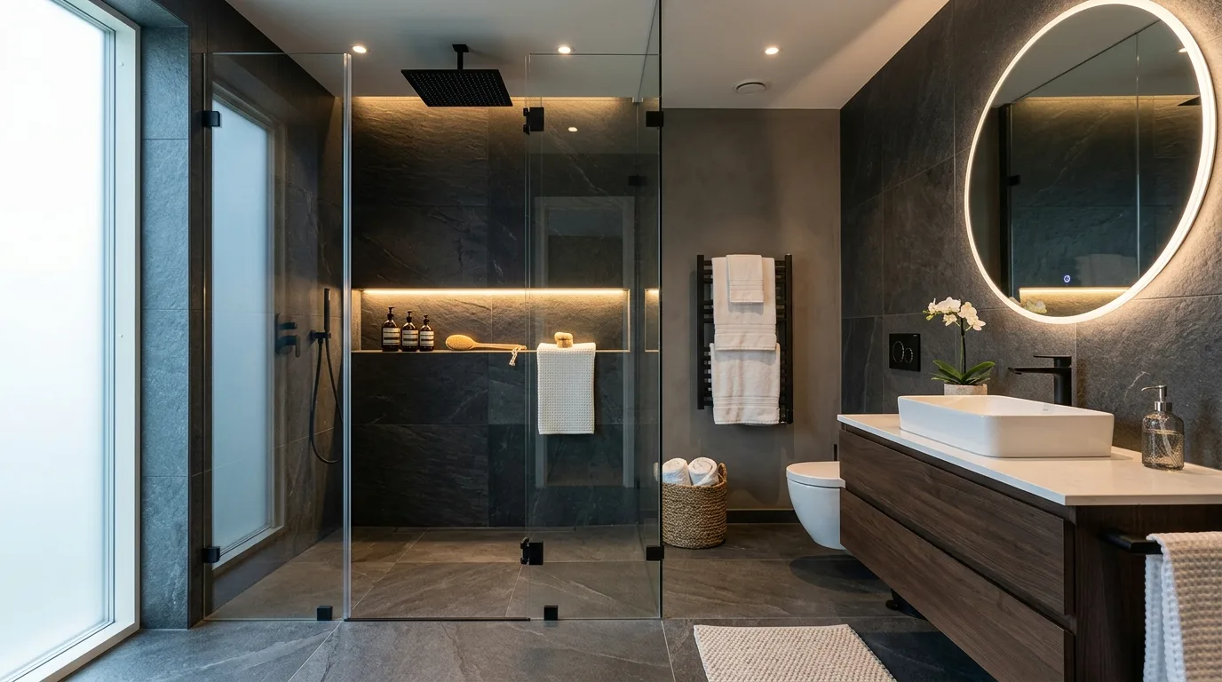 A luxury bathroom with a statement tub chandelier and paneled walls, no people