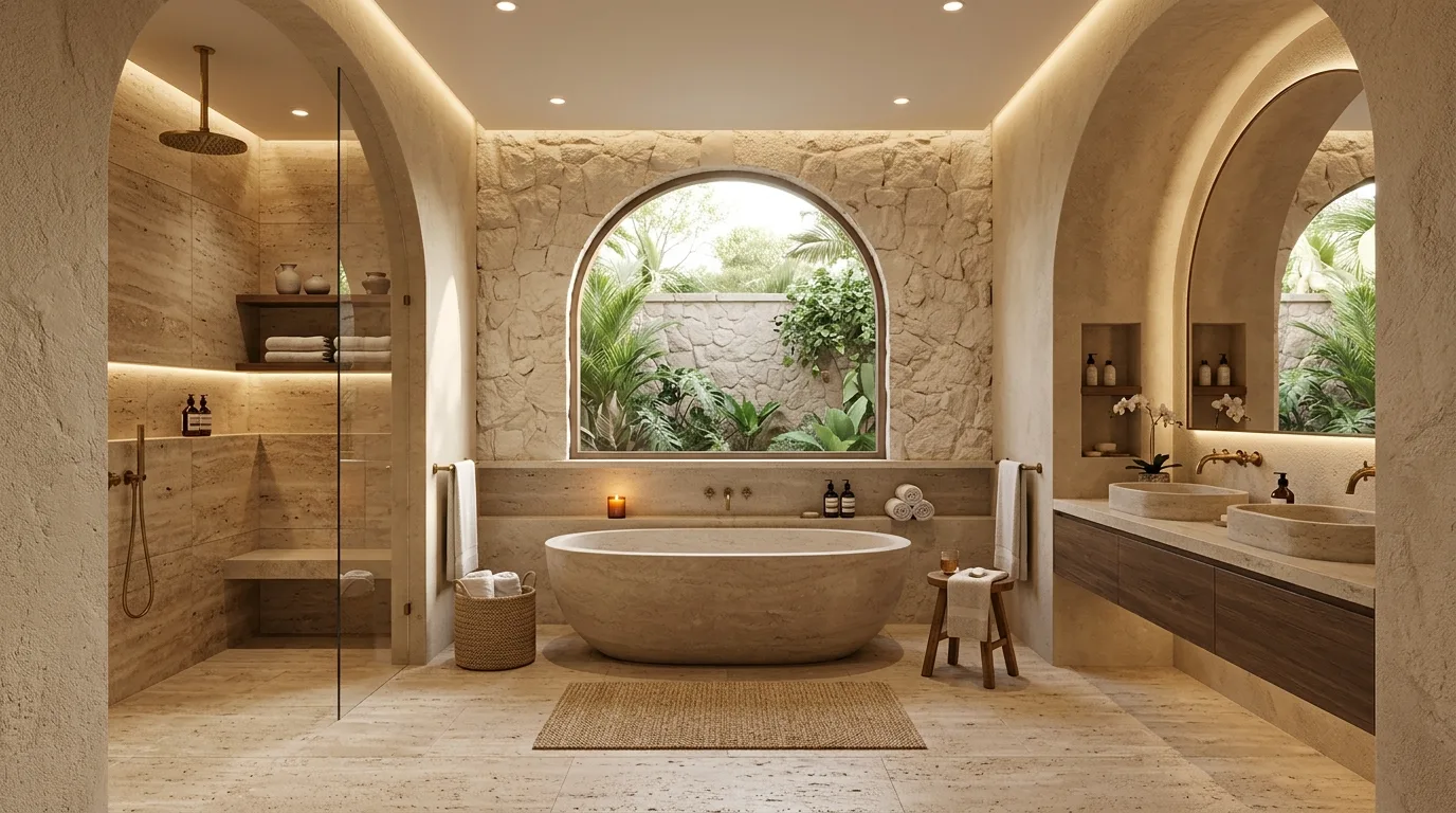 A luxurious wet room bathroom with a floating vanity and continuous stone floor, no people