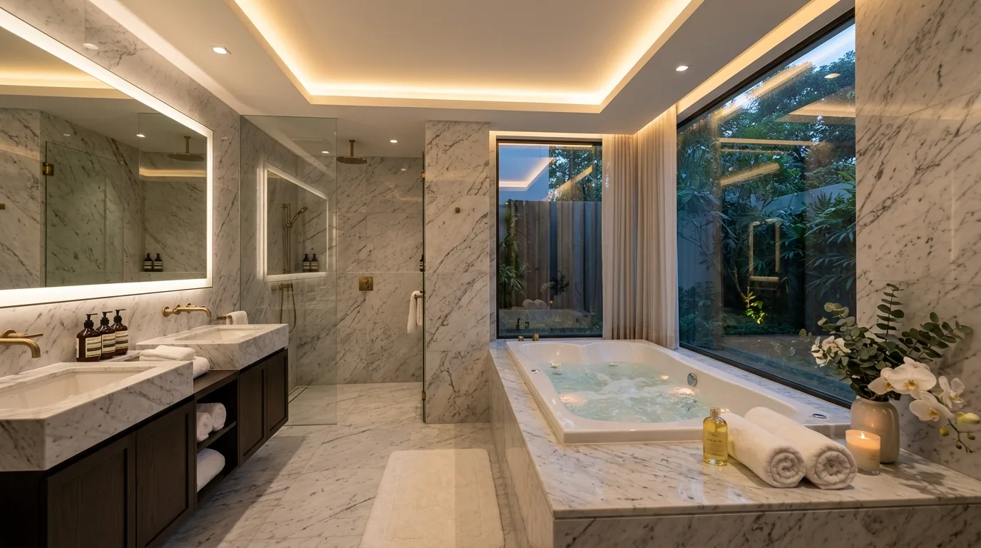An elegant luxury bathroom with arched mirrors reeded cabinetry and warm lighting, no people