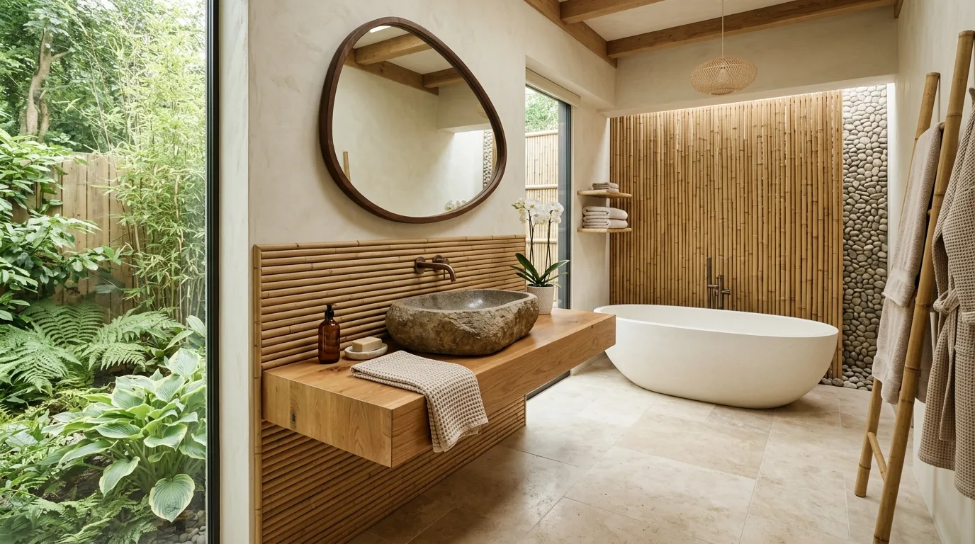 A luxurious bathroom spa corner with rolled towels a stool and greenery, no people