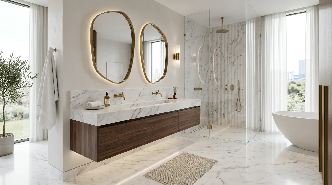A cream luxury bathroom with polished nickel and a softly lit shower niche wall, no people