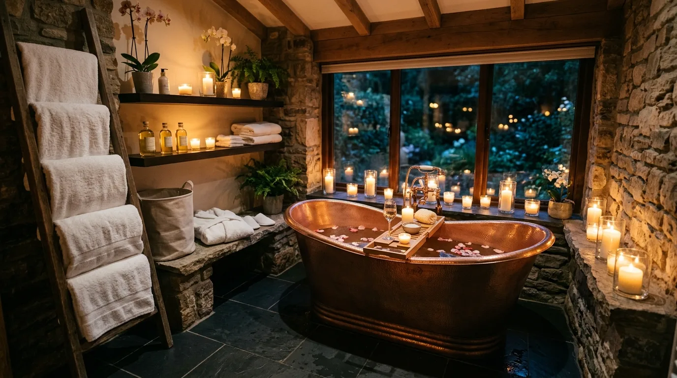 A luxurious modern classic bathroom with herringbone floors and a fluted tub surround, no people
