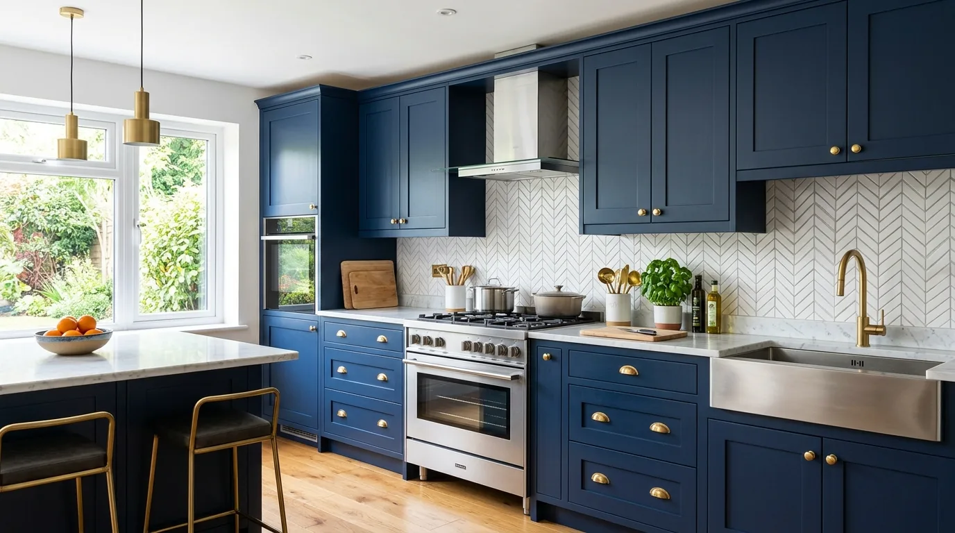 A kitchen with deep navy cabinets brass hardware and a bright marble backsplash, no people