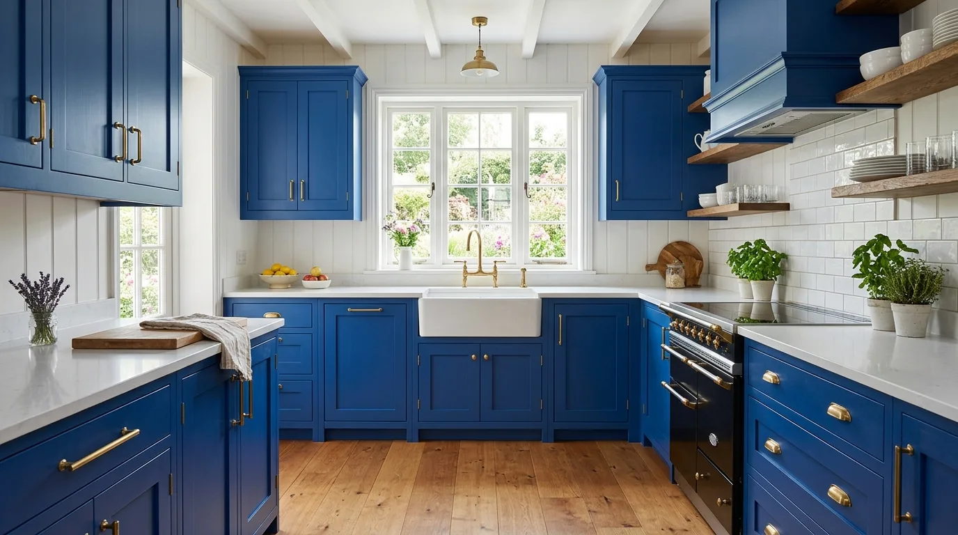 A kitchen with muted blue shaker cabinets open shelves and warm wood stools, no people