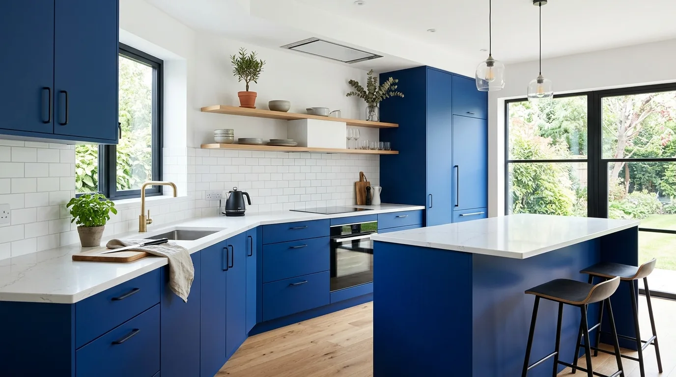 A kitchen with a blue island and white perimeter cabinets, no people