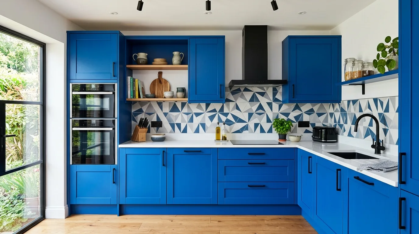 A kitchen with dusty blue cabinets vintage lighting and creamy stone counters, no people