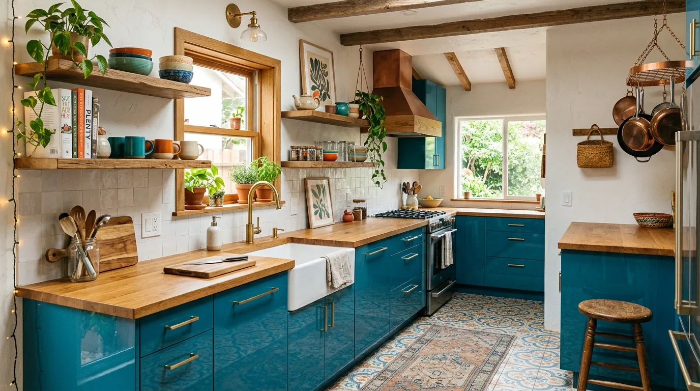 A kitchen with glossy cobalt lower cabinets and simple upper shelving, no people