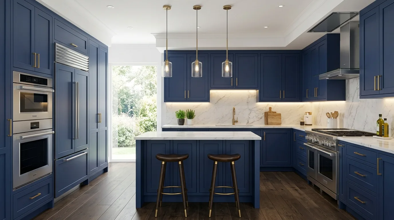 A farmhouse kitchen with blue cabinets beadboard details and an apron sink, no people