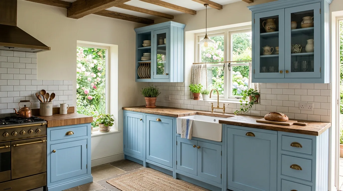 A moody kitchen with blue cabinets black accents and a dramatic stone wall, no people