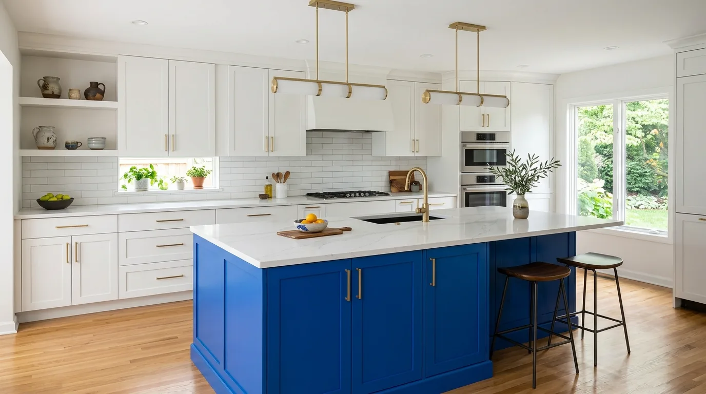 A galley kitchen with soft blue cabinets brass rails and reflective tile, no people