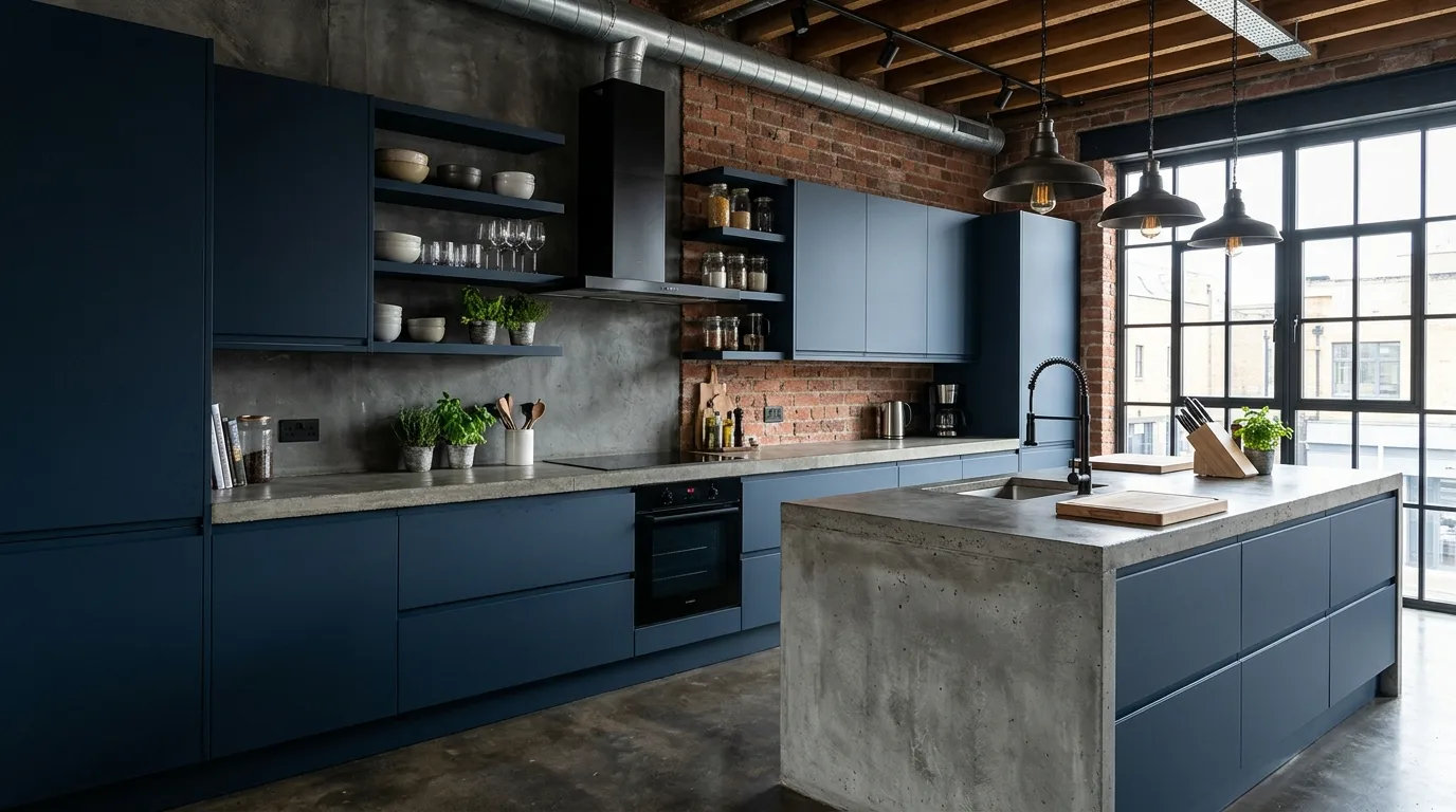 A kitchen with blue cabinets and walnut panels for a custom look, no people