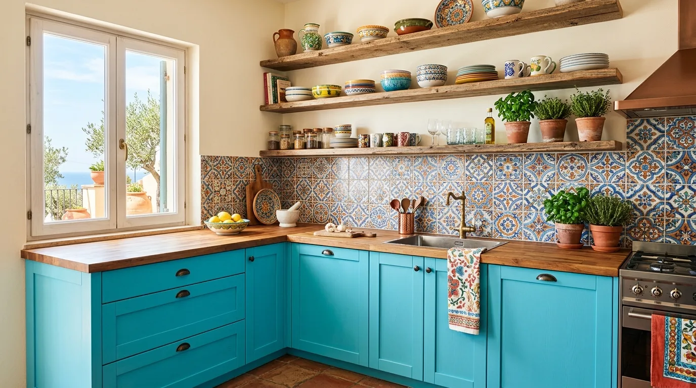 A coastal kitchen with pale blue cabinets woven lighting and sandy stone floors, no people