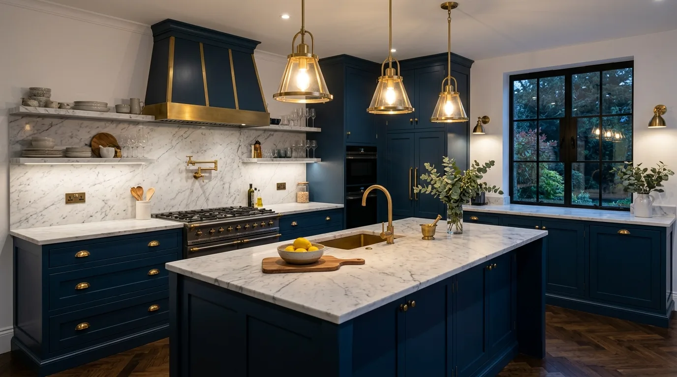 A classic kitchen with blue inset cabinets and polished nickel fixtures, no people