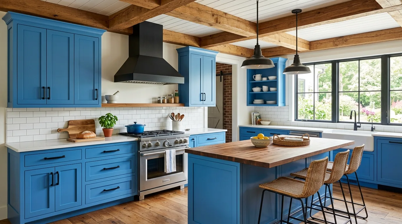 A kitchen with mid blue cabinets and white plaster walls, no people