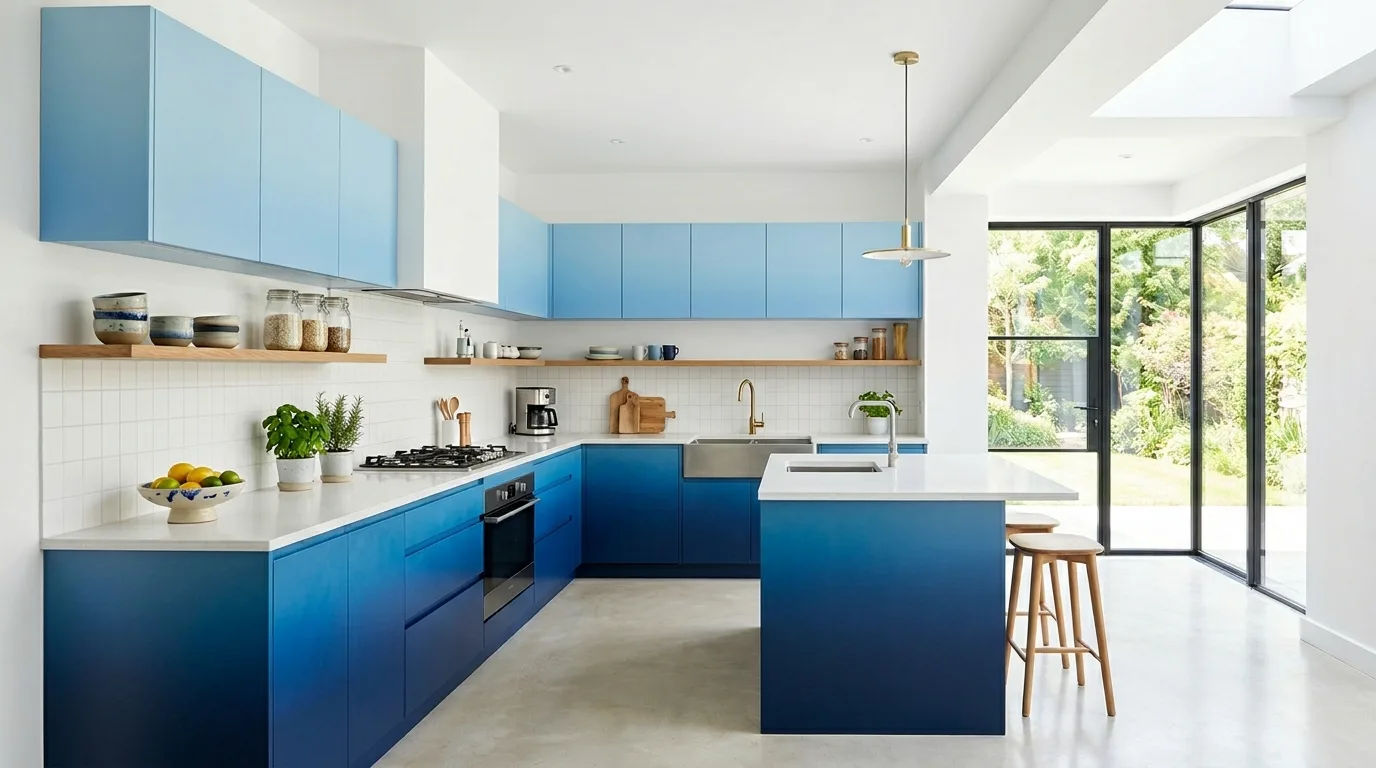 A kitchen with a blue pantry wall glass fronts and warm layered lighting, no people