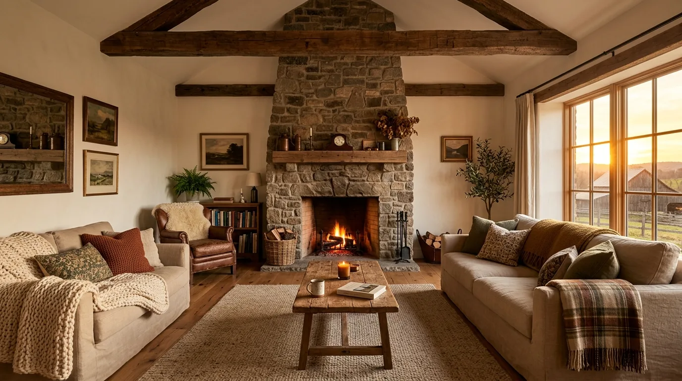 A warm farmhouse living room with neutral linen seating reclaimed wood beams and a stone hearth, no people