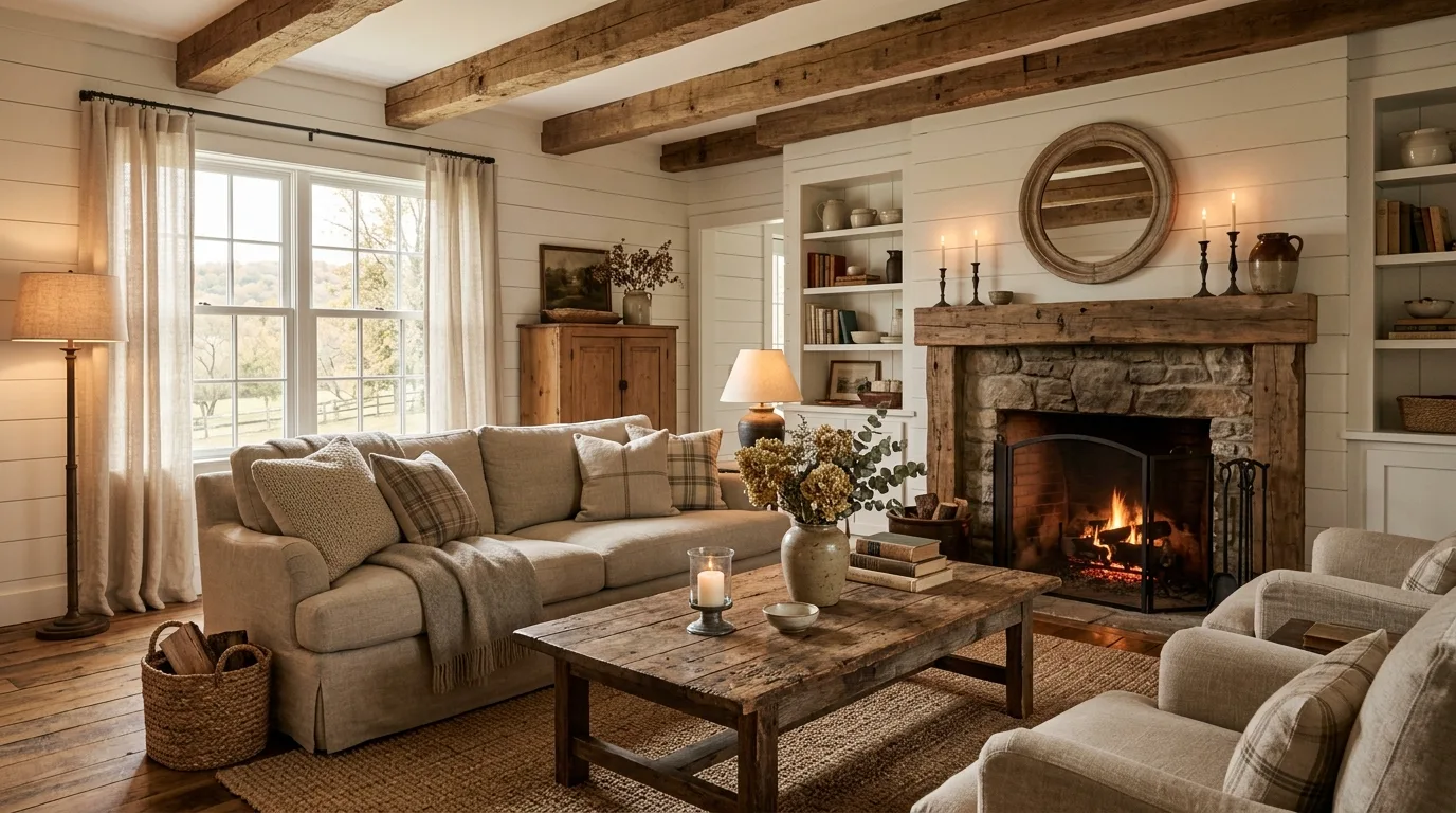 A farmhouse living room with slipcovered seating around a rustic coffee table, no people
