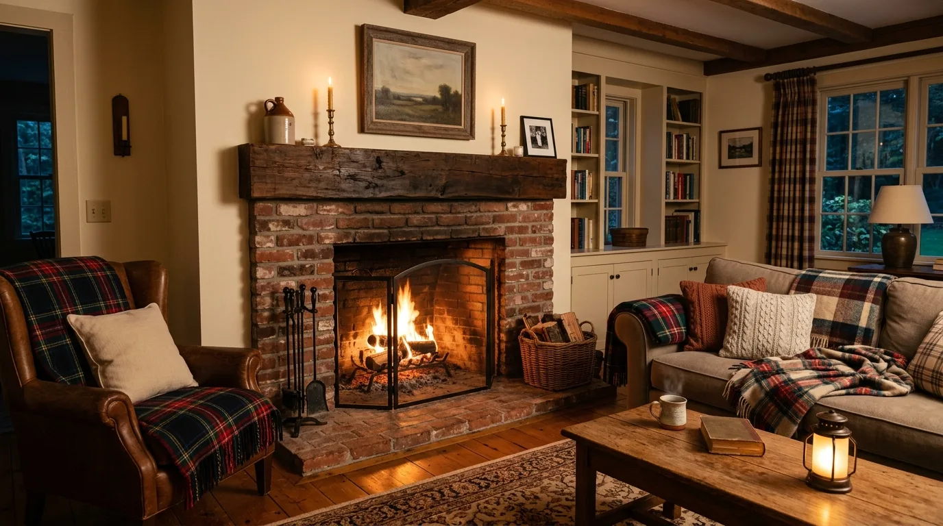 A warm farmhouse living room with shiplap plaid pillows and vintage wall art, no people