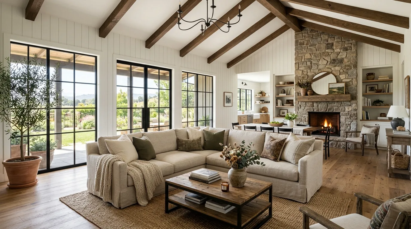 A farmhouse living room with leather chairs oatmeal upholstery and warm timber tones, no people