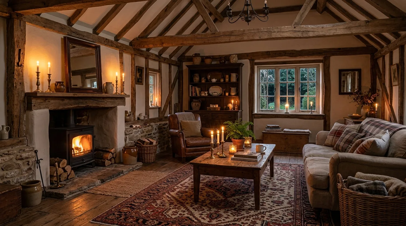 A farmhouse living room with built in shelves styled with baskets pottery and books, no people