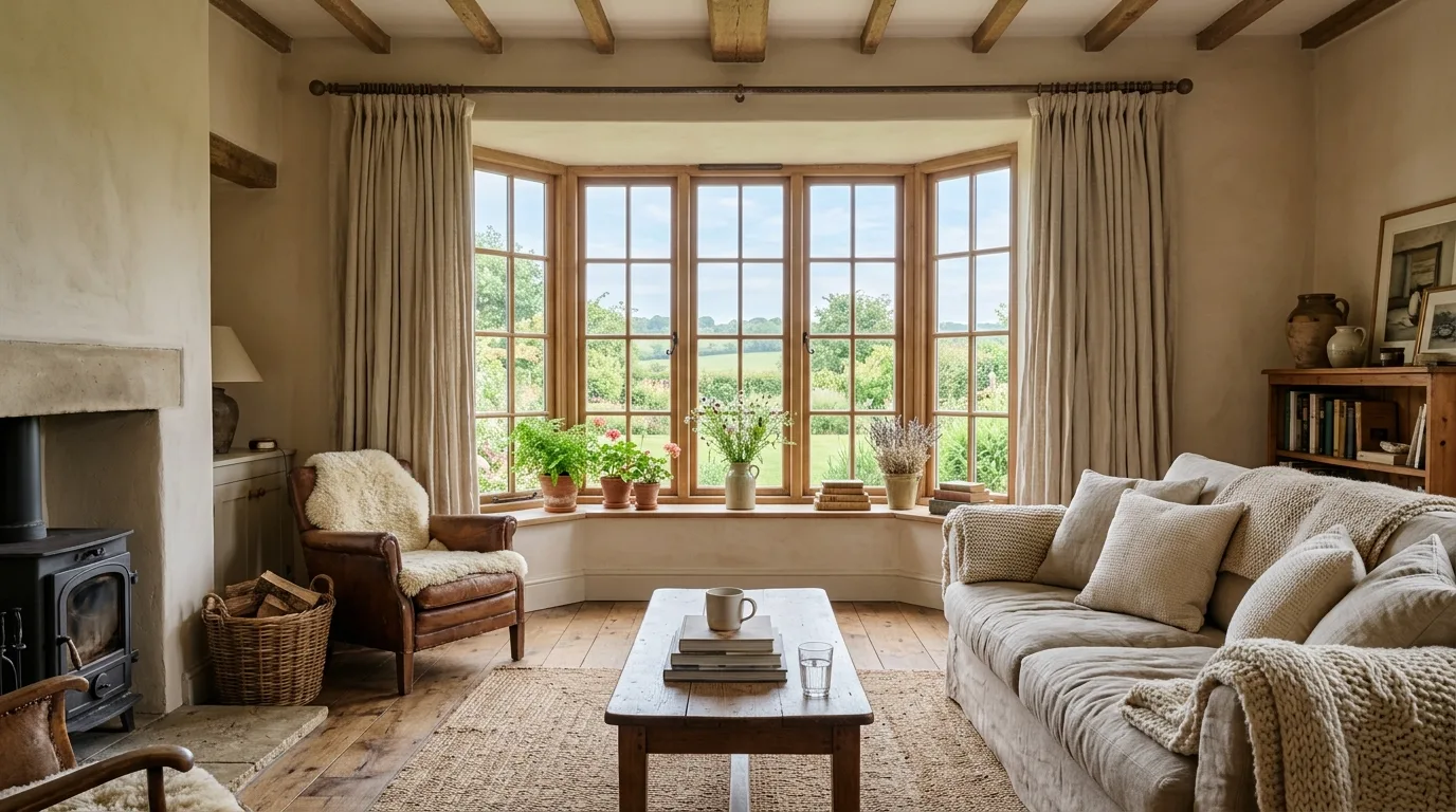 A bright warm farmhouse living room with white seating and a weathered wood coffee table, no people