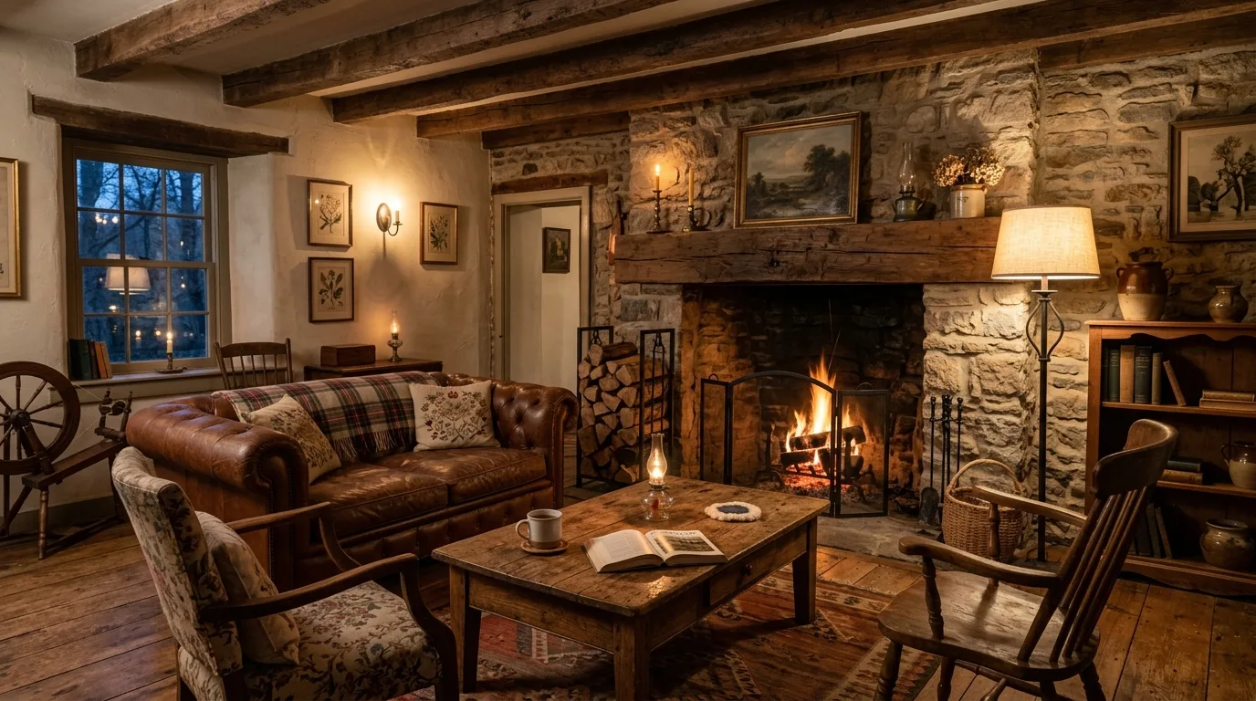 A moody farmhouse living room with charcoal accents and old pine wood, no people