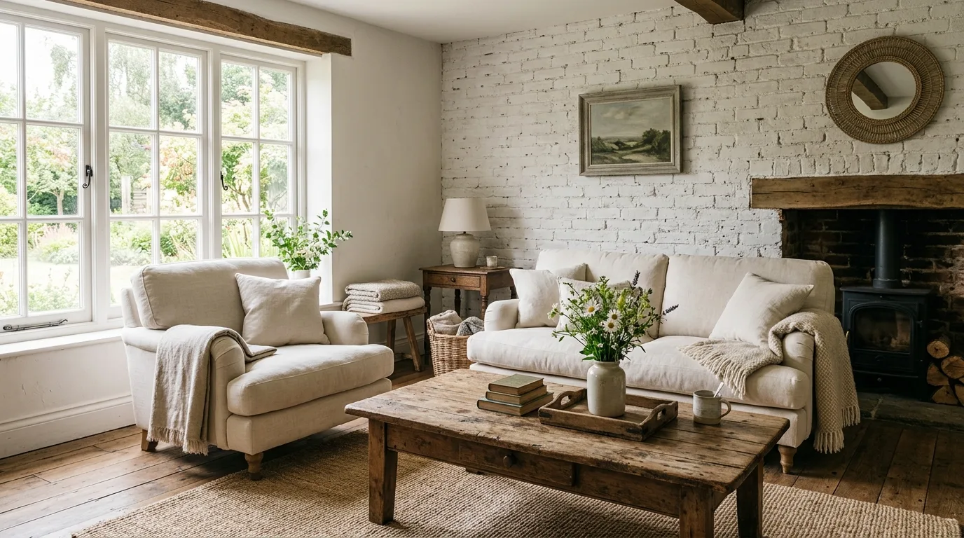 A cozy farmhouse living room with layered rugs a square rustic table and a soft sectional, no people