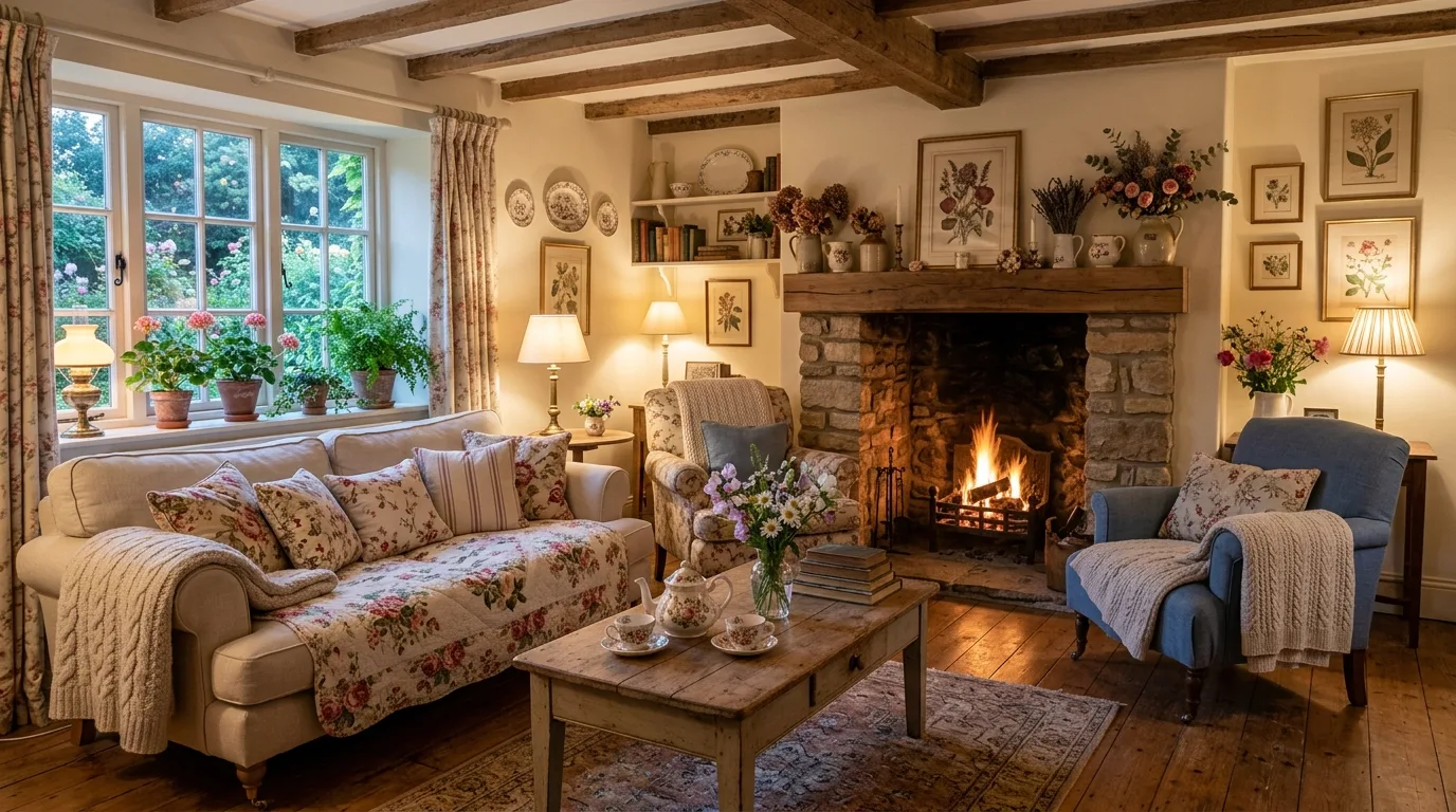 A farmhouse living room with a paneled television wall sconces and greenery, no people