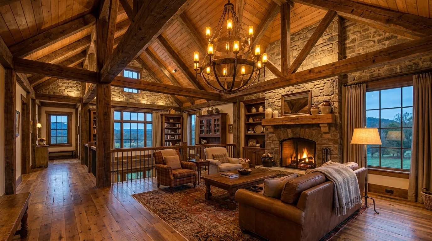 A warm farmhouse living room with a sectional and an antique trunk coffee table, no people