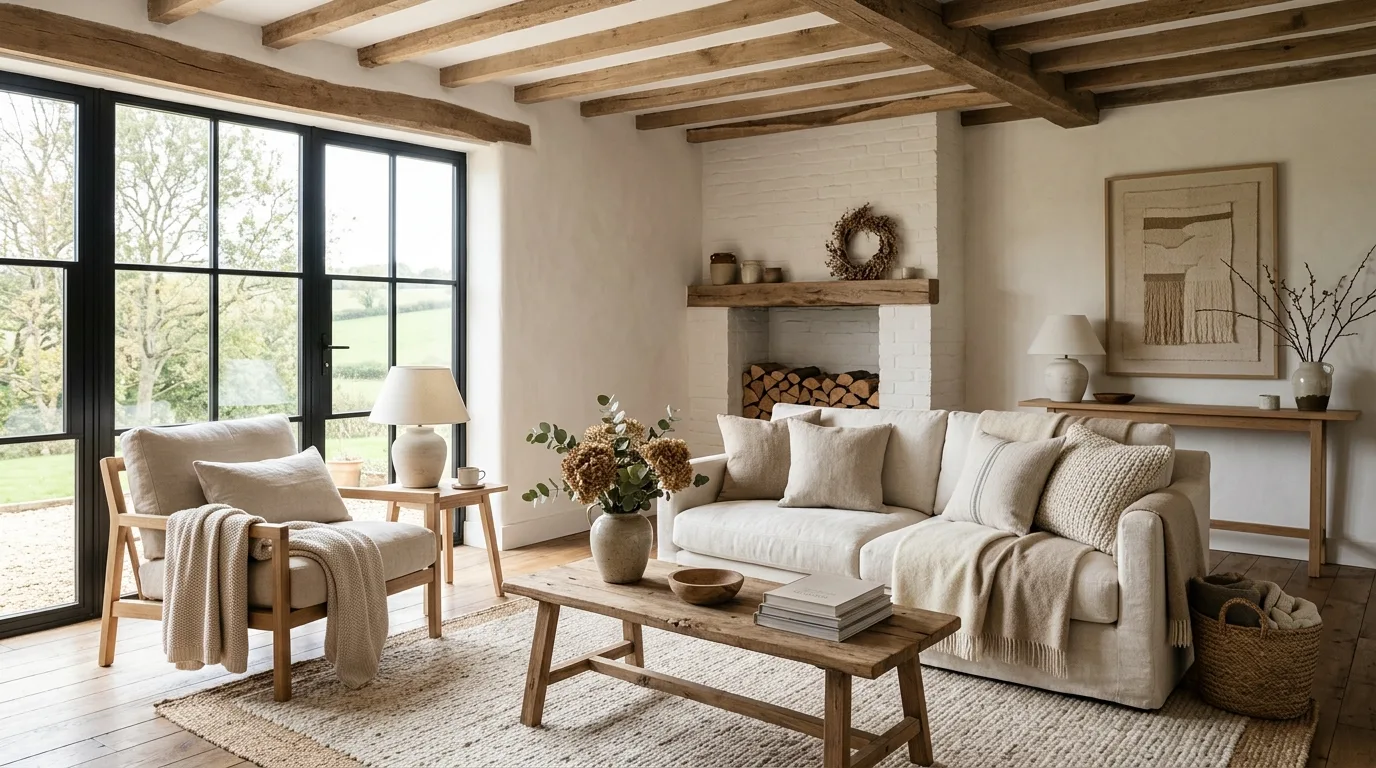 A farmhouse living room with vaulted ceilings exposed beams and tall drapery, no people