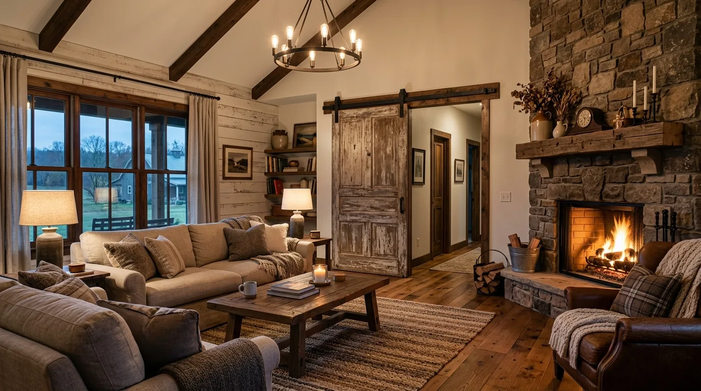 A compact warm farmhouse living room corner with a rocking chair knit throw and floor basket, no people
