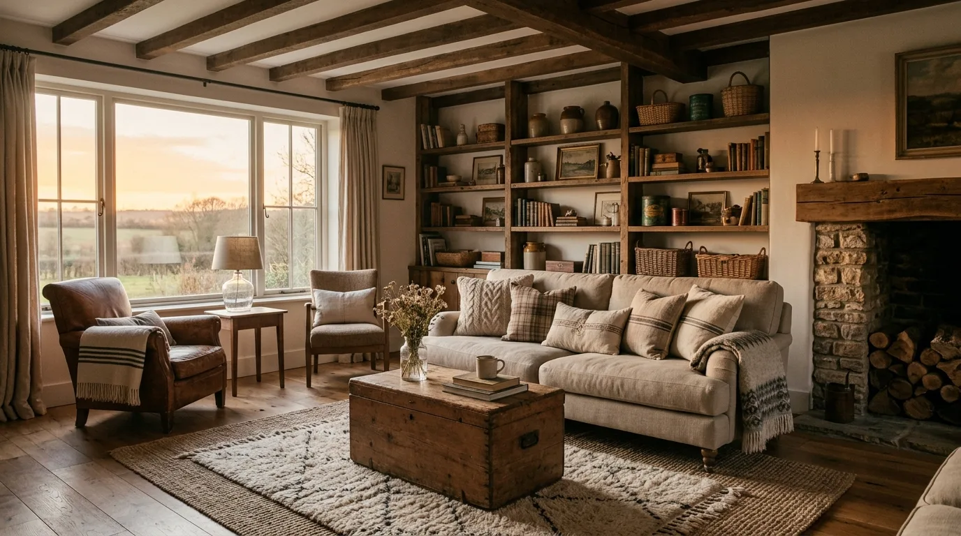 A warm farmhouse living room with evergreen mantle styling in a neutral palette, no people