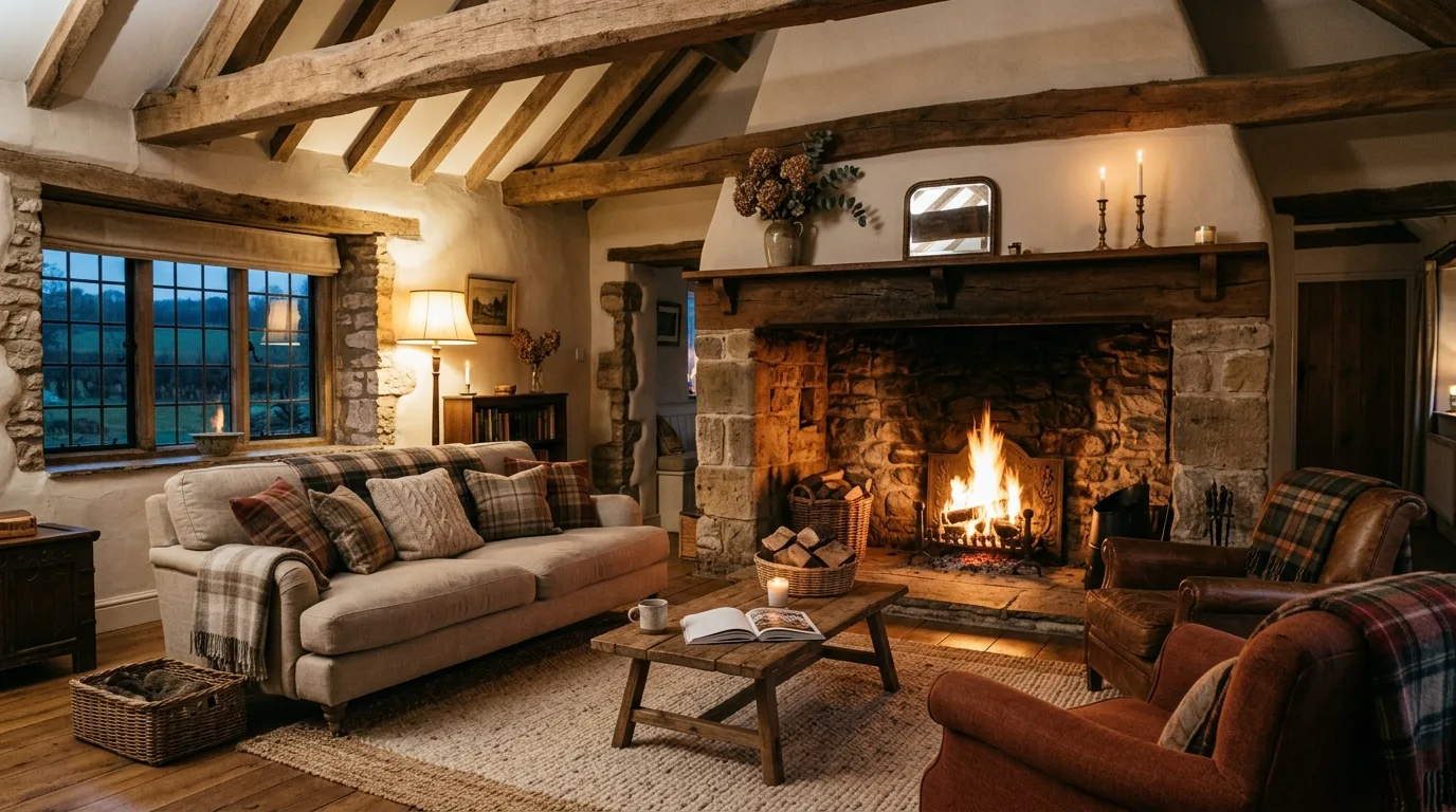 An open plan warm farmhouse living room with clear dining room sightlines, no people