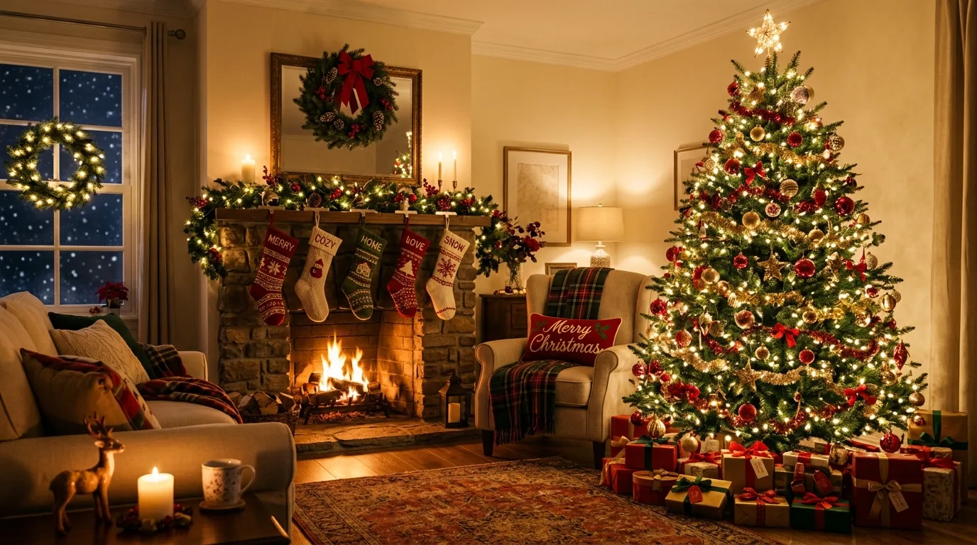 A festive Christmas front porch with evergreen garland lanterns and red ribbons, no people