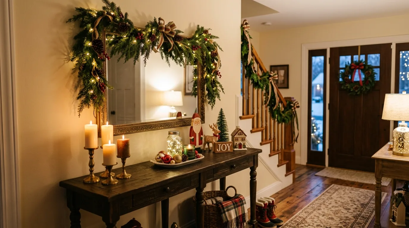 A Christmas mantel decorated with stockings cedar stems and brass candlesticks, no people