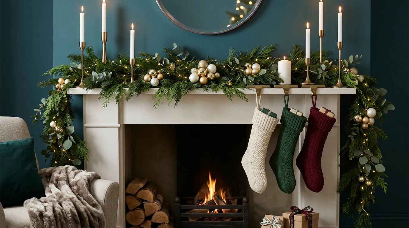 A festive Christmas staircase with garland warm lights and velvet bows, no people