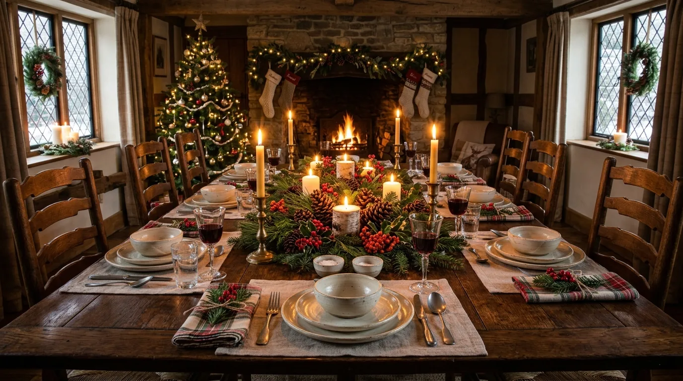 A Christmas tree corner with wrapped gifts and a woven tree collar, no people