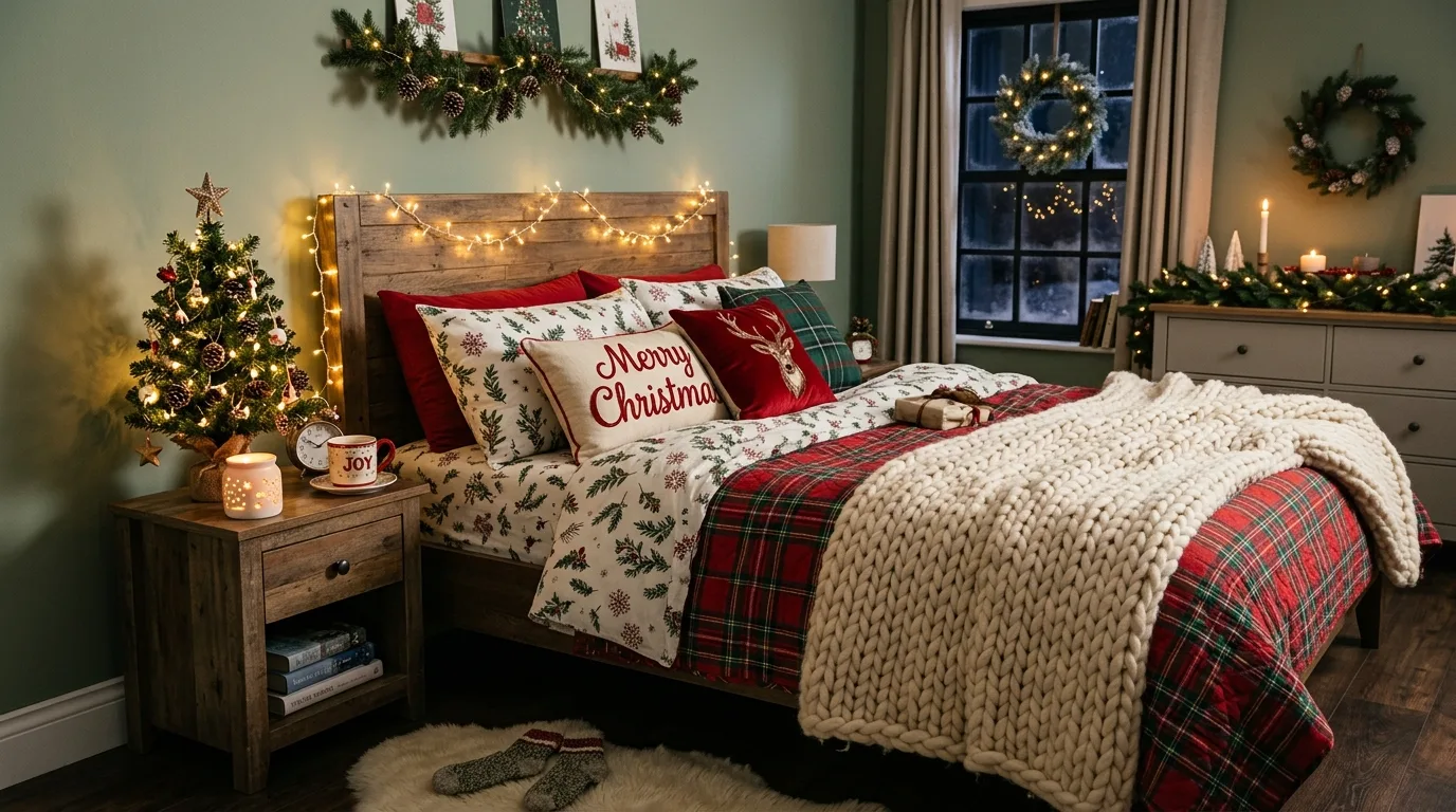A Christmas entry console with bells village houses and a mirror wreath, no people