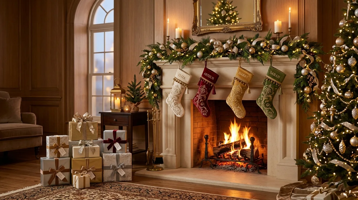 Festive Christmas outdoor urns filled with branches ornaments lights and winter greens, no people