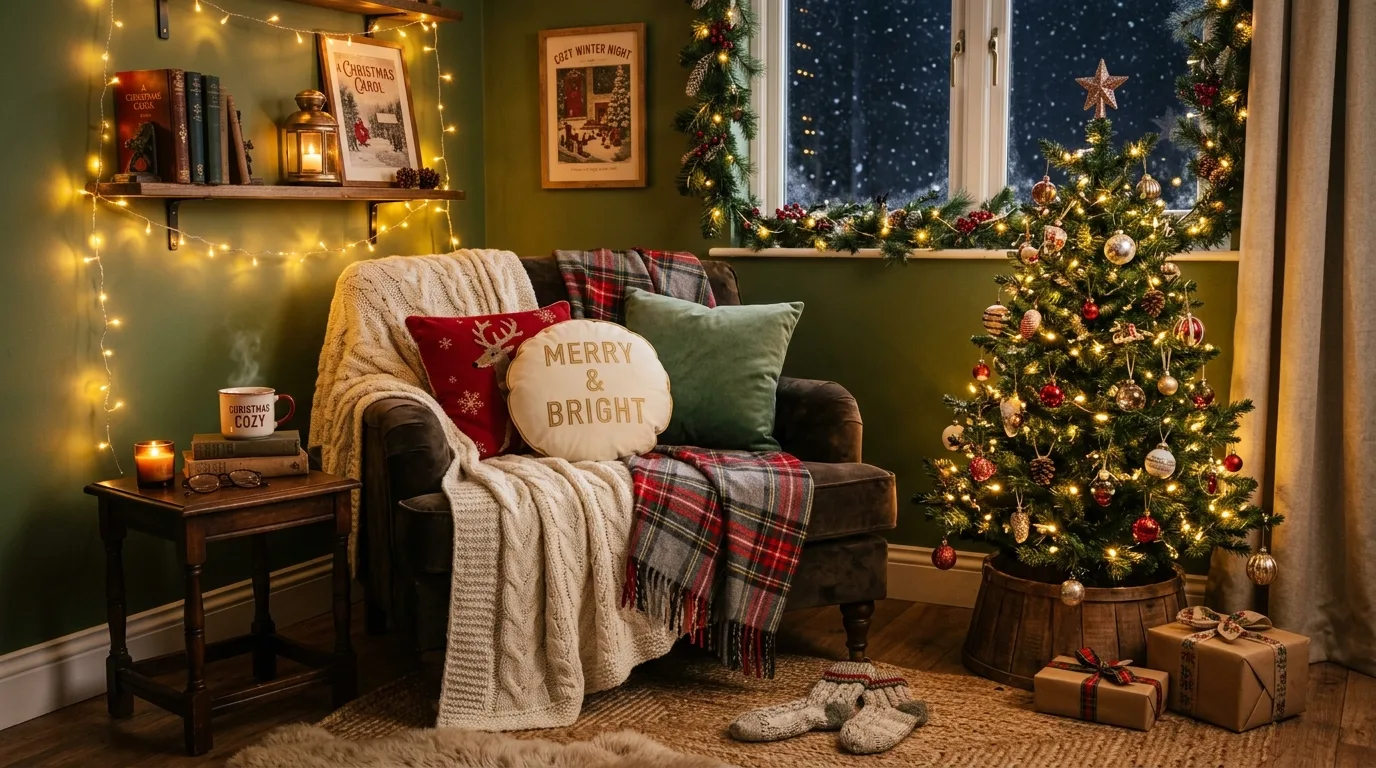 A neutral festive Christmas living room with wood beads cream stockings and soft greenery, no people