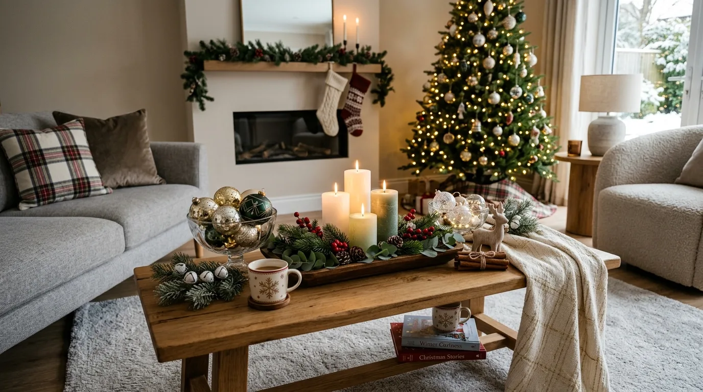A colorful festive Christmas family room with classic ornaments and playful textiles, no people